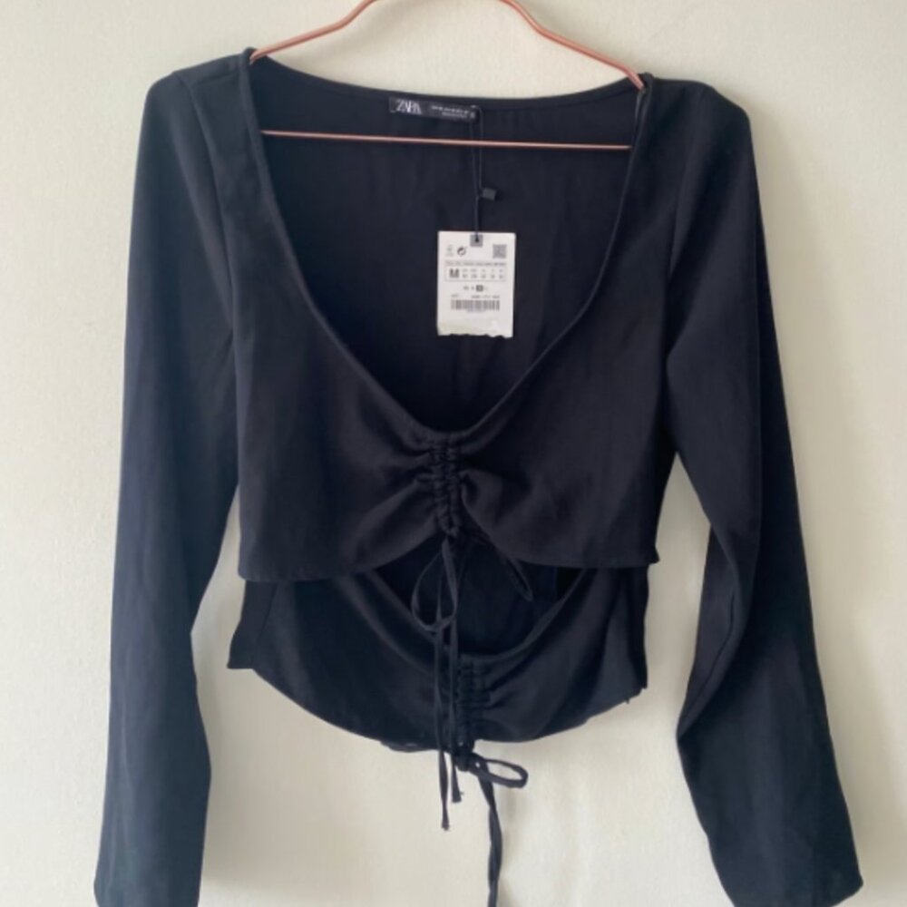 Zara Top Black Cropped Tie Front NWT